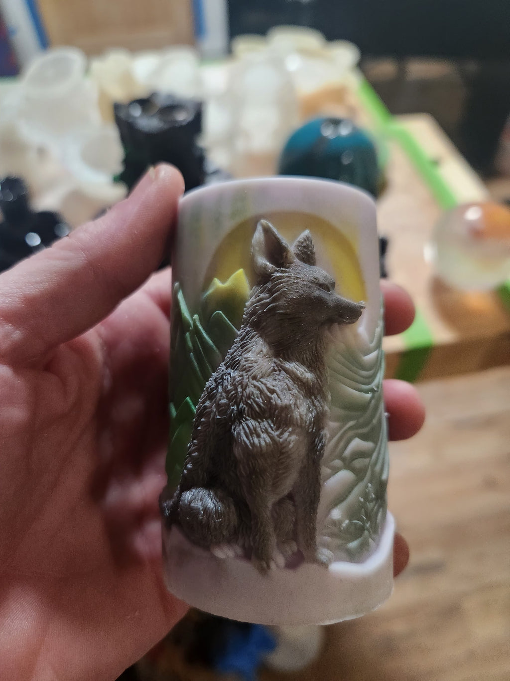 Handmade Wolf with Moon Candle – Hand-Painted & Made to Order