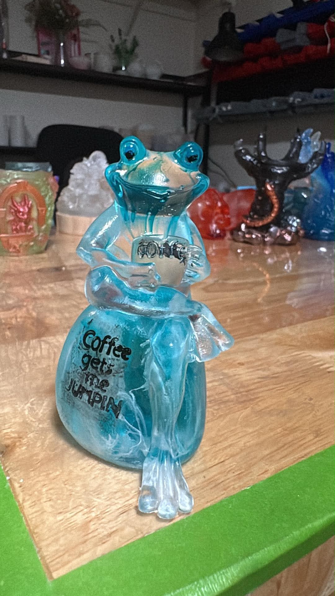 Coffee Frog Resin Figurine – "Coffee Gets Me Jumping"