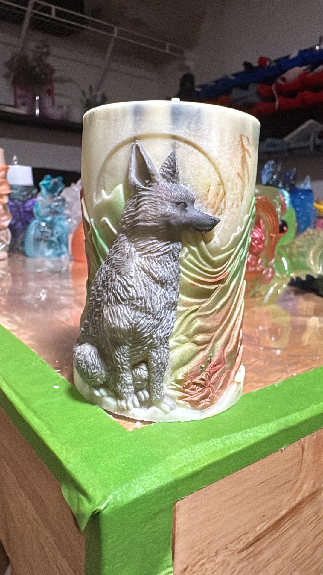 Handmade Wolf with Moon Candle – Hand-Painted & Made to Order