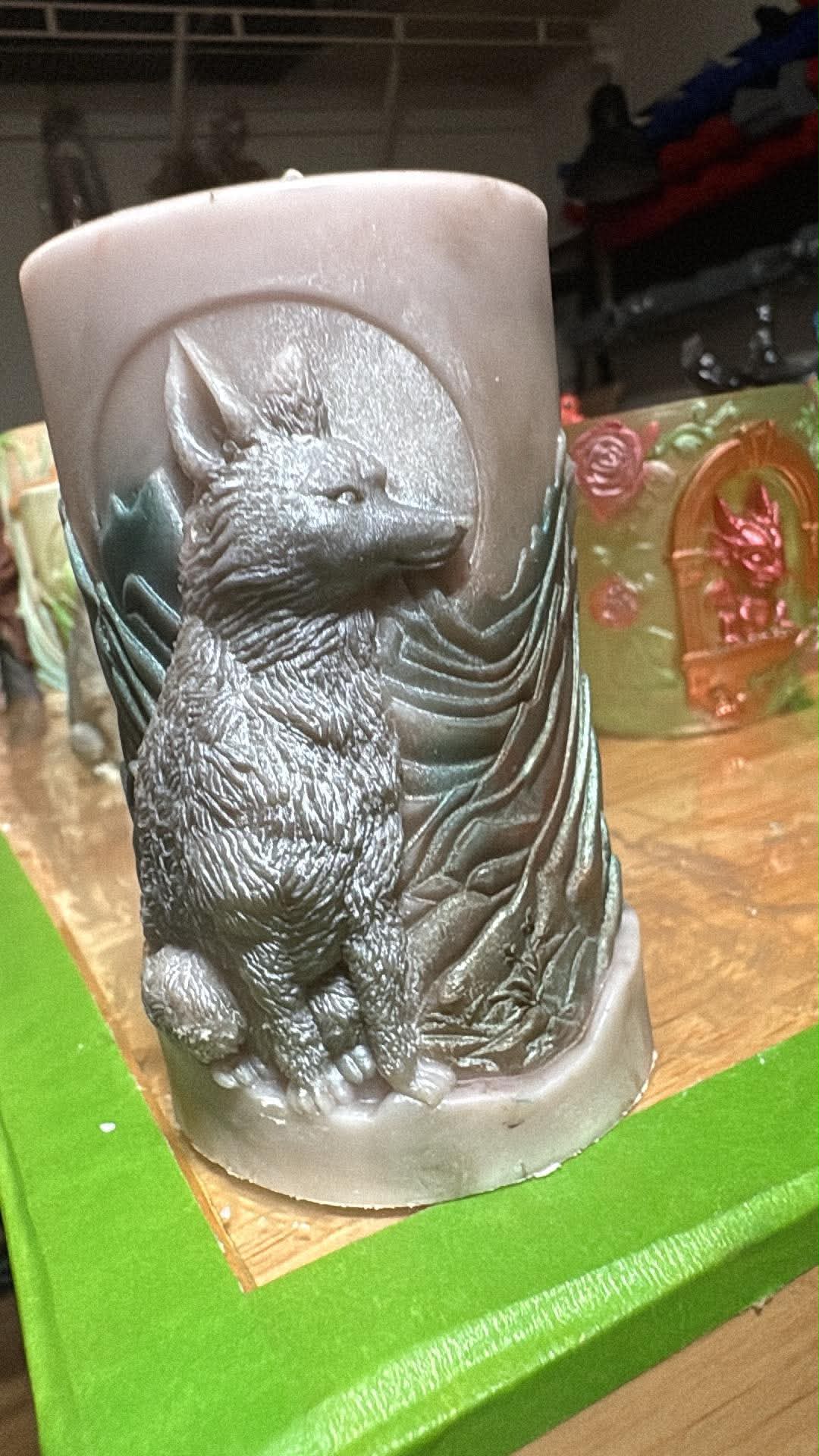 Handmade Wolf with Moon Candle – Hand-Painted & Made to Order